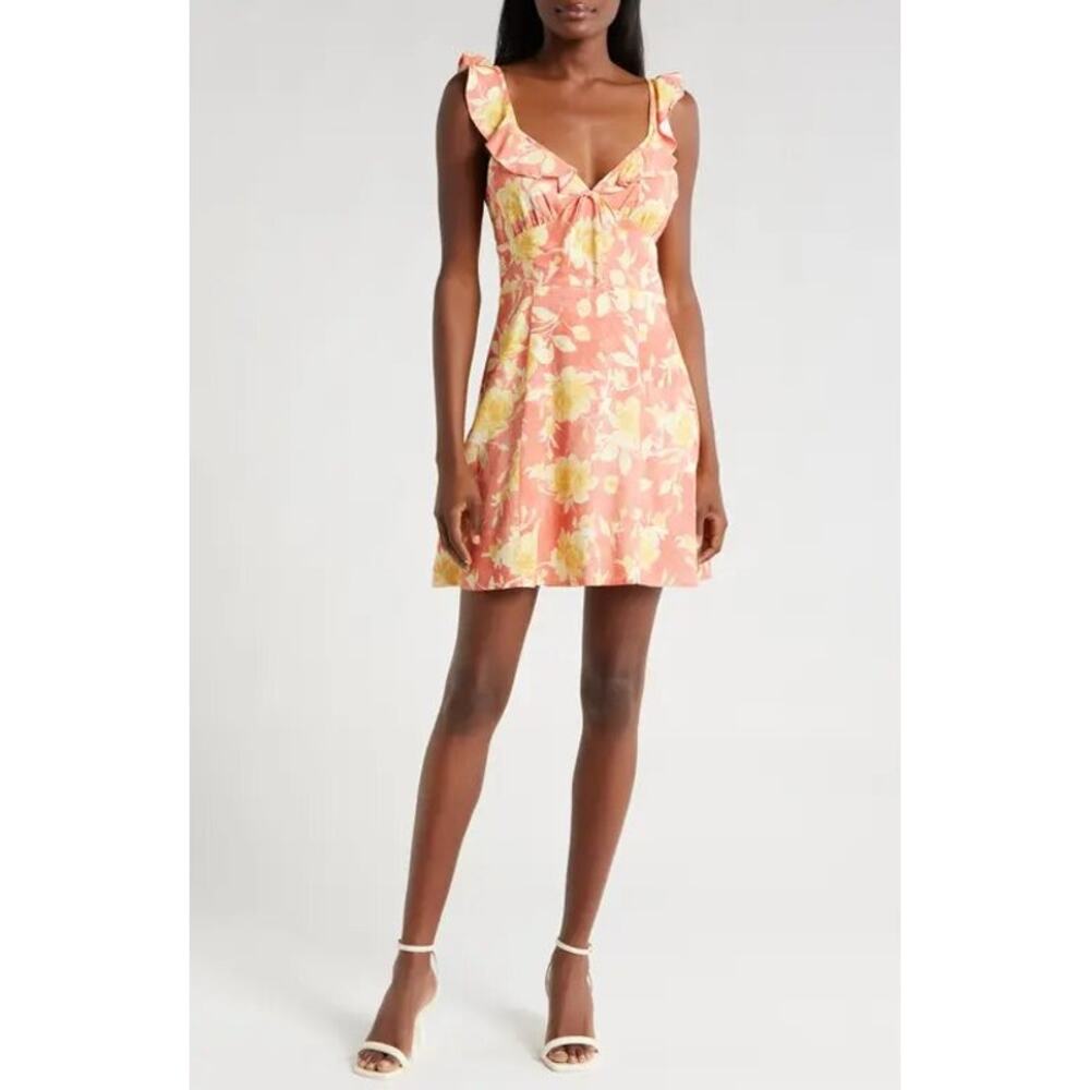 WAYF Goldie Floral Sundress Amber Roses Size S Rayon Linen Ruffled Boho Summer